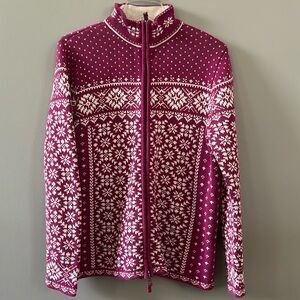 Vintage L.L. Bean Pink and White Fair Isle Zip Up Cardigan in Cotton Knit